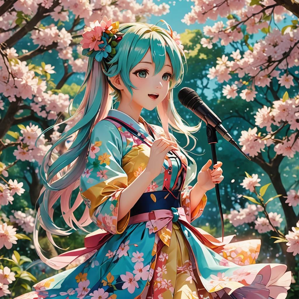 Sakura Miku Singing in Blooming Garden, Anime Style