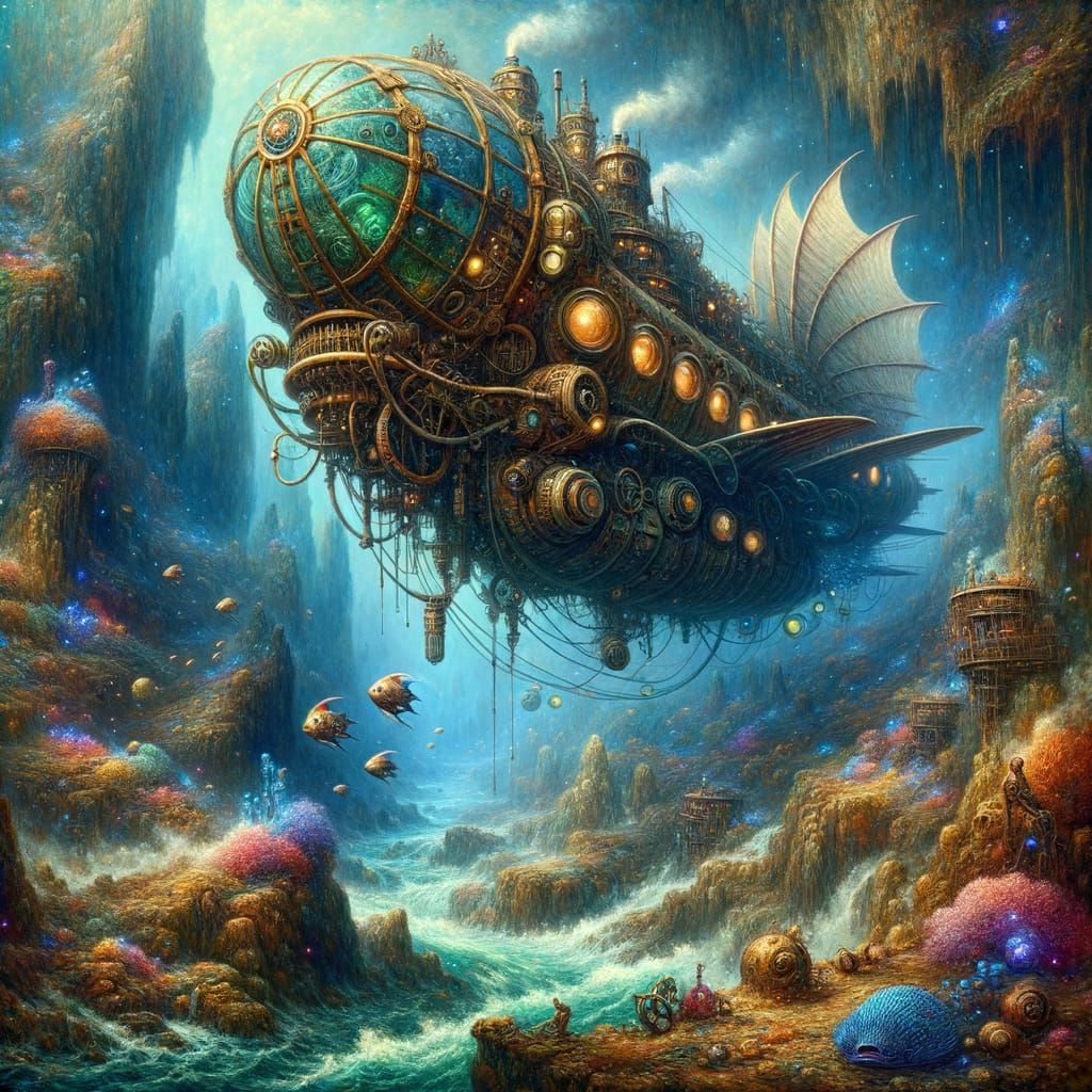 Steampunk Nautilus Submarine in Bioluminescent Abyss
