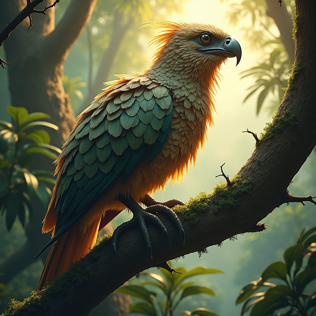 Camouflaged Bird Creature in Lush Rainforest