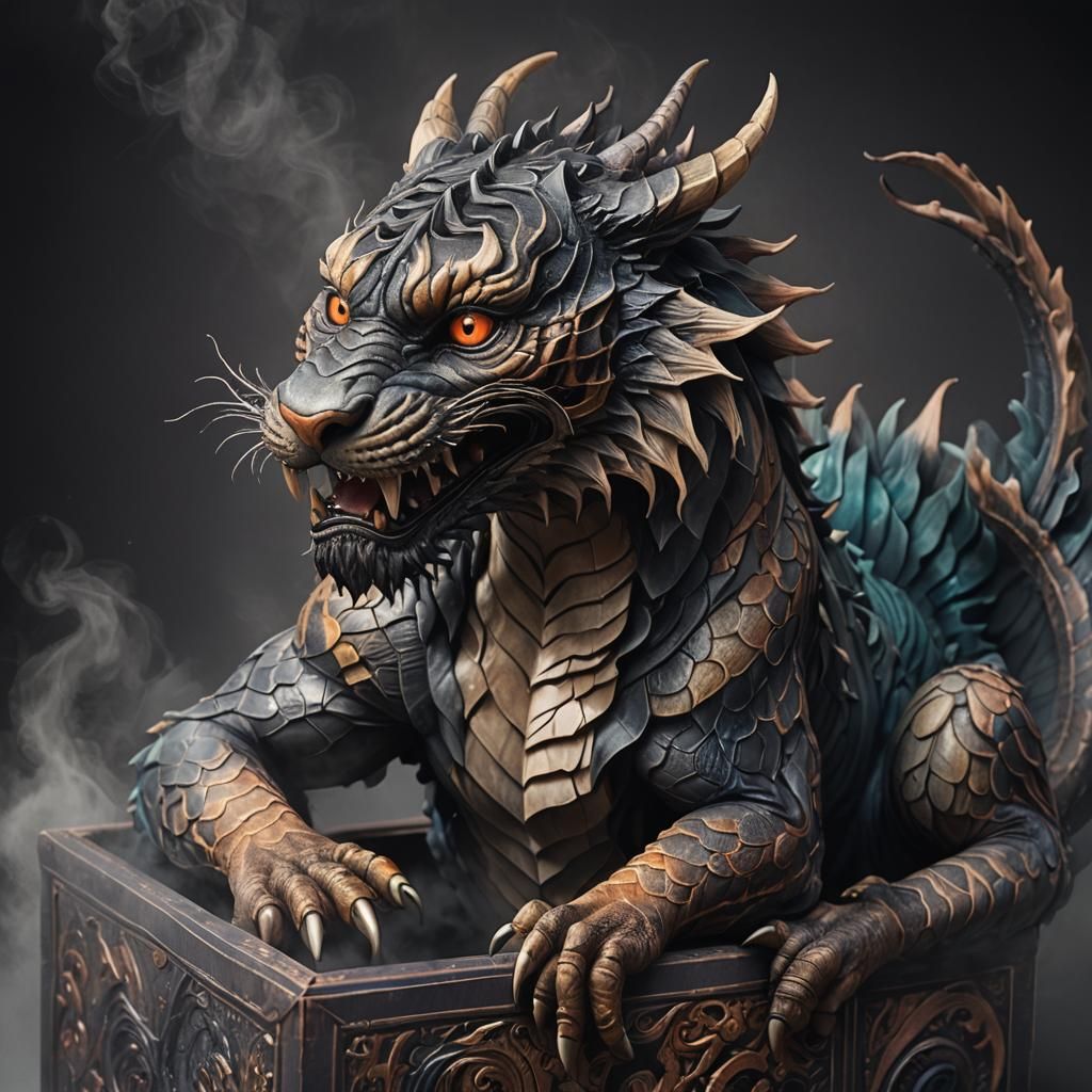 Dark Tiger-Dragon Creature in a Box: 3D Render