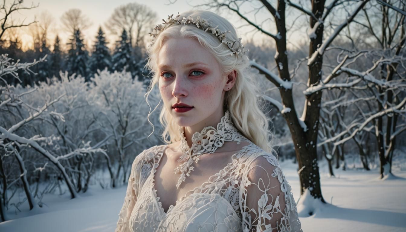 Albino Woman in Winter Landscape, Double Exposure Style