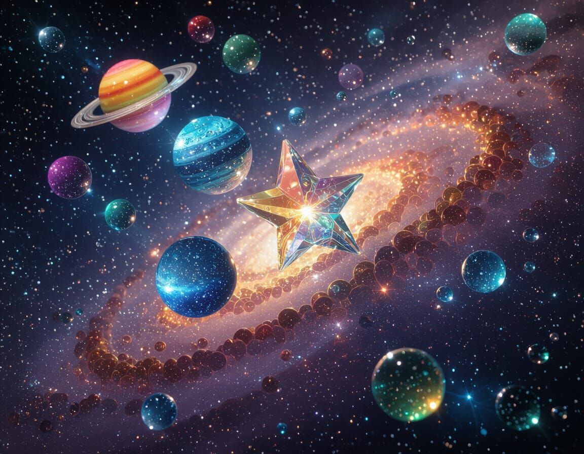 Vivid Glass Starfield Galaxy with Colorful Planets