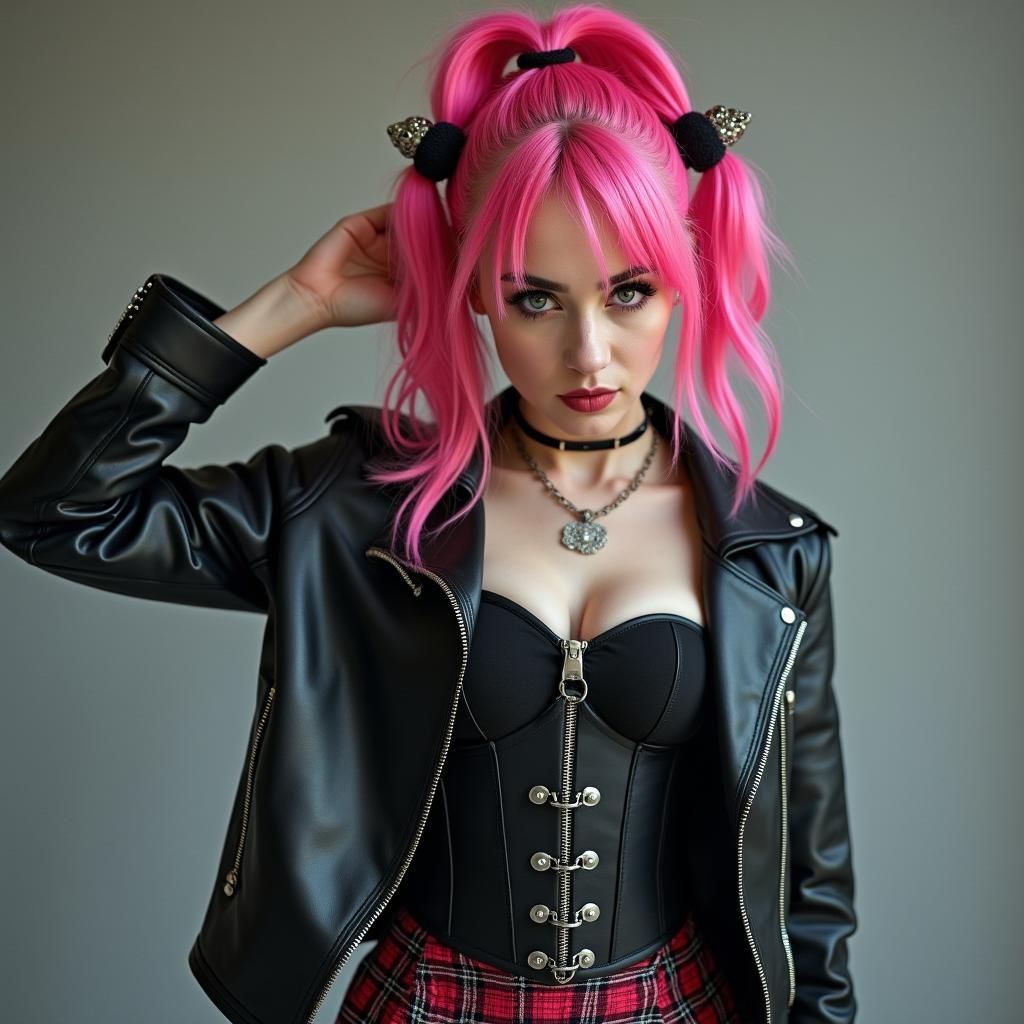 Edgy Woman in Corset and Pink Hair, Pop Surrealism