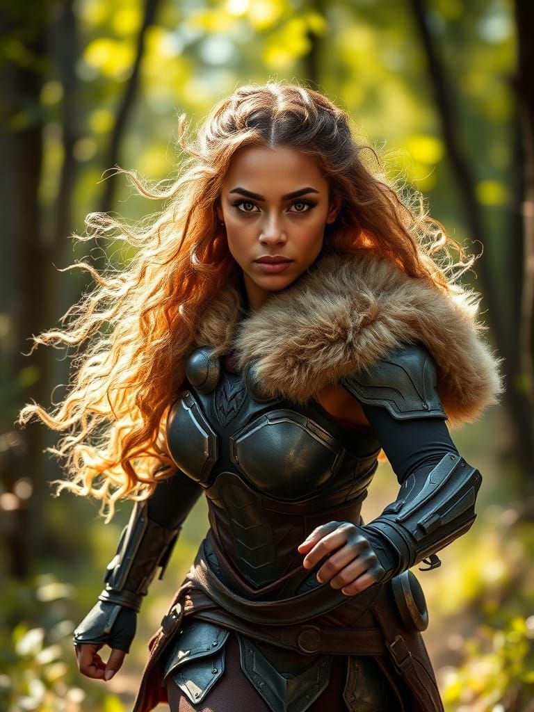 Futuristic Warrior Goddess in Sunlit Forest
