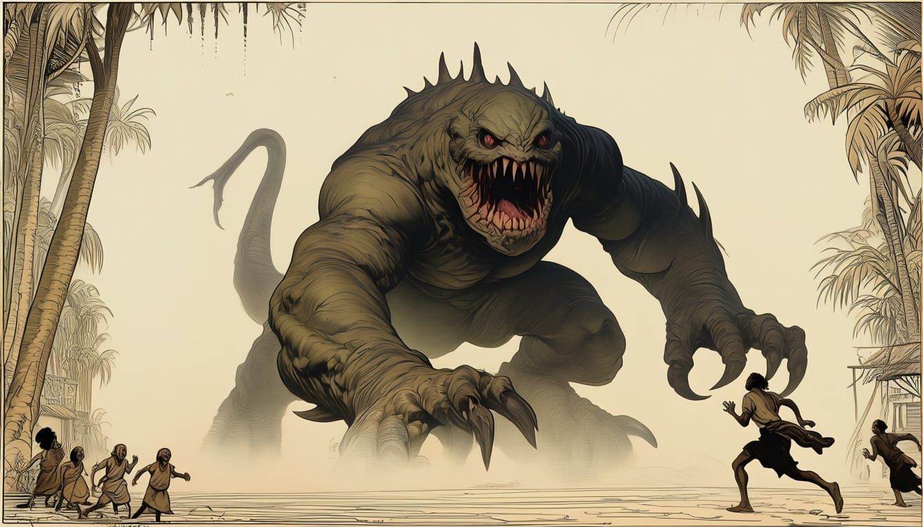 Grotesque Creature Attacks Jungle Village in Dramatic Style