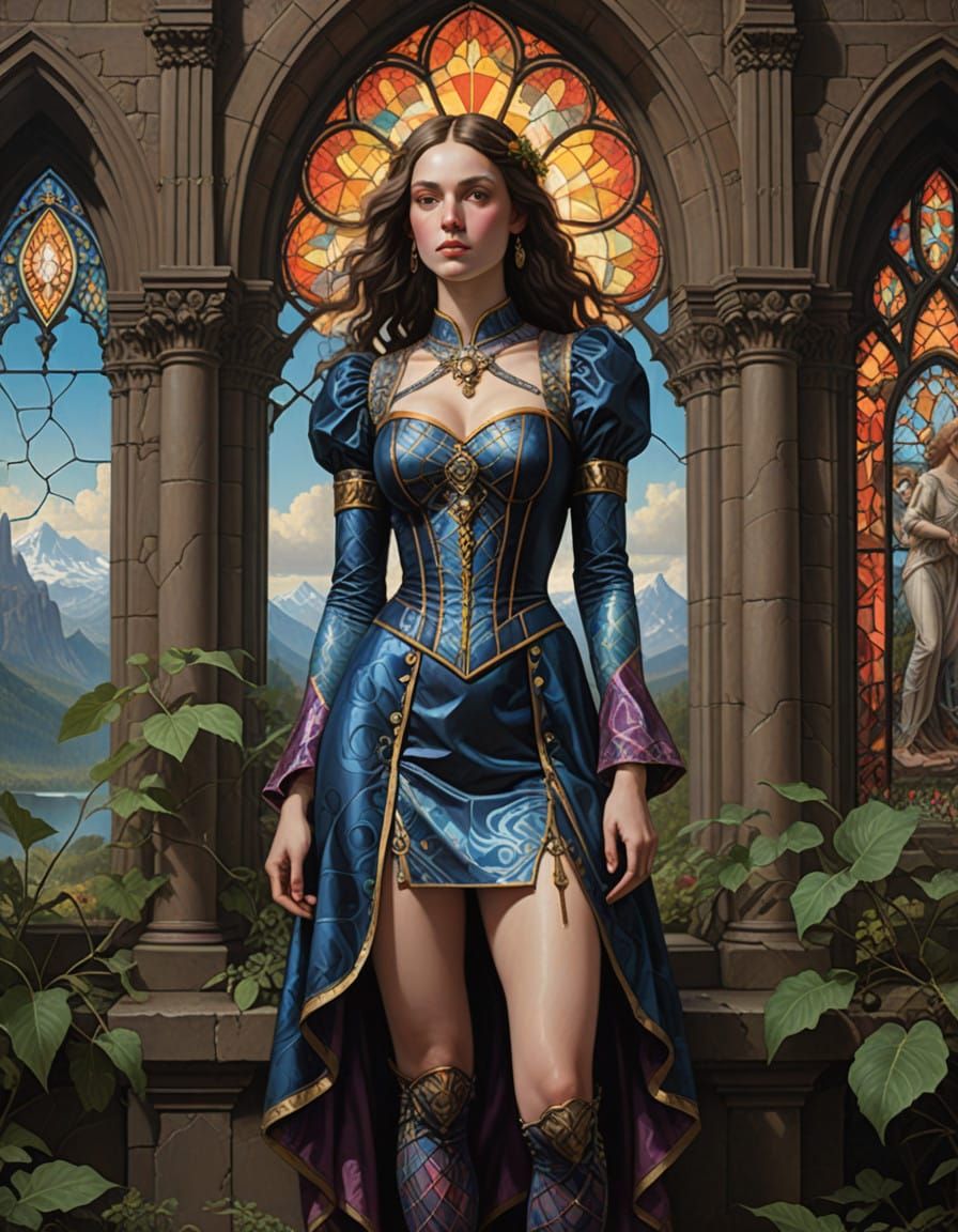 Woman in Medieval Landscape with Vibrant Dress