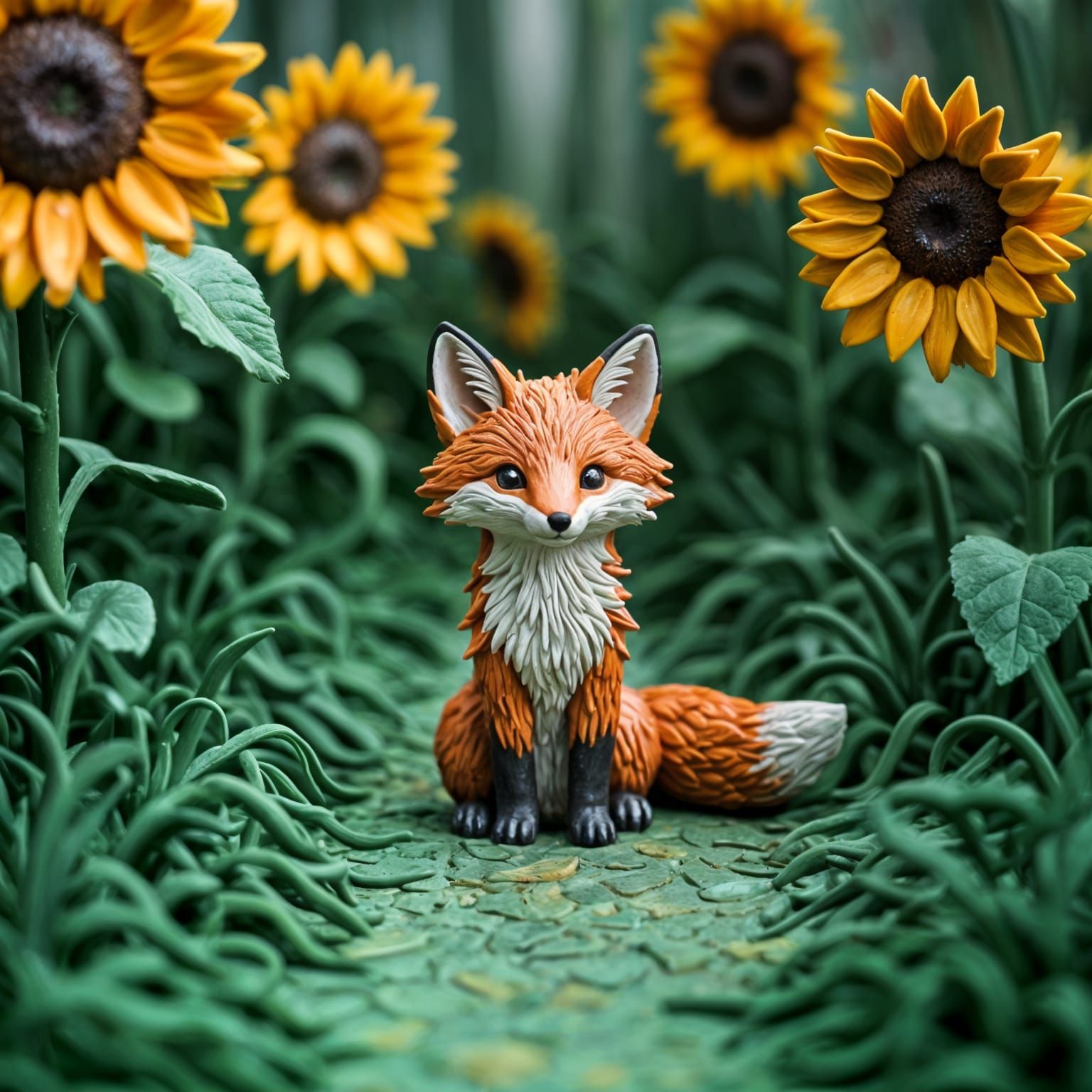 Clay Fox Surrounded by Vibrant Sunflowers in a Wet Clay Land...