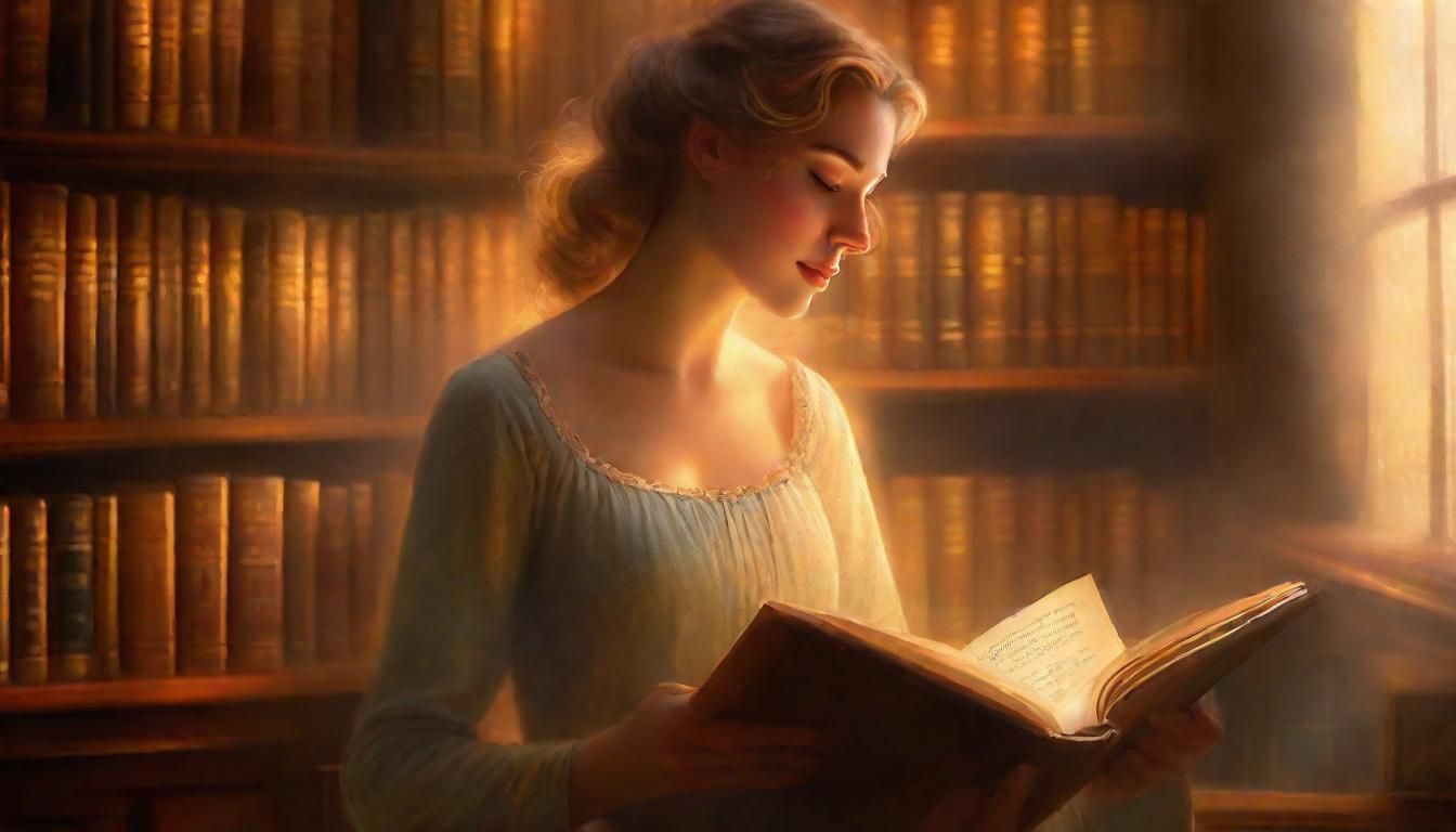 Ethereal Woman Reading in Misty Library as Oil Painting