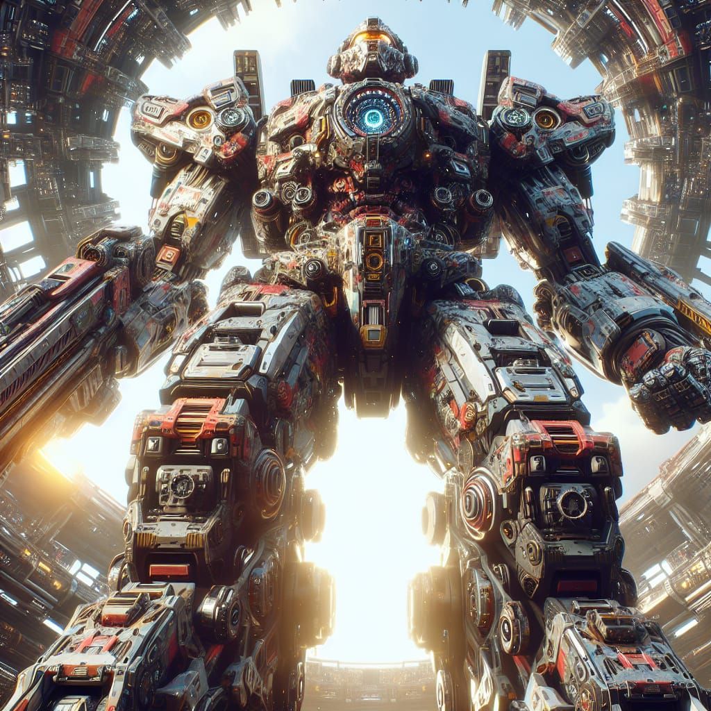 Gigantic Mech Suit in Futuristic Armor, Hyperrealistic Rende...