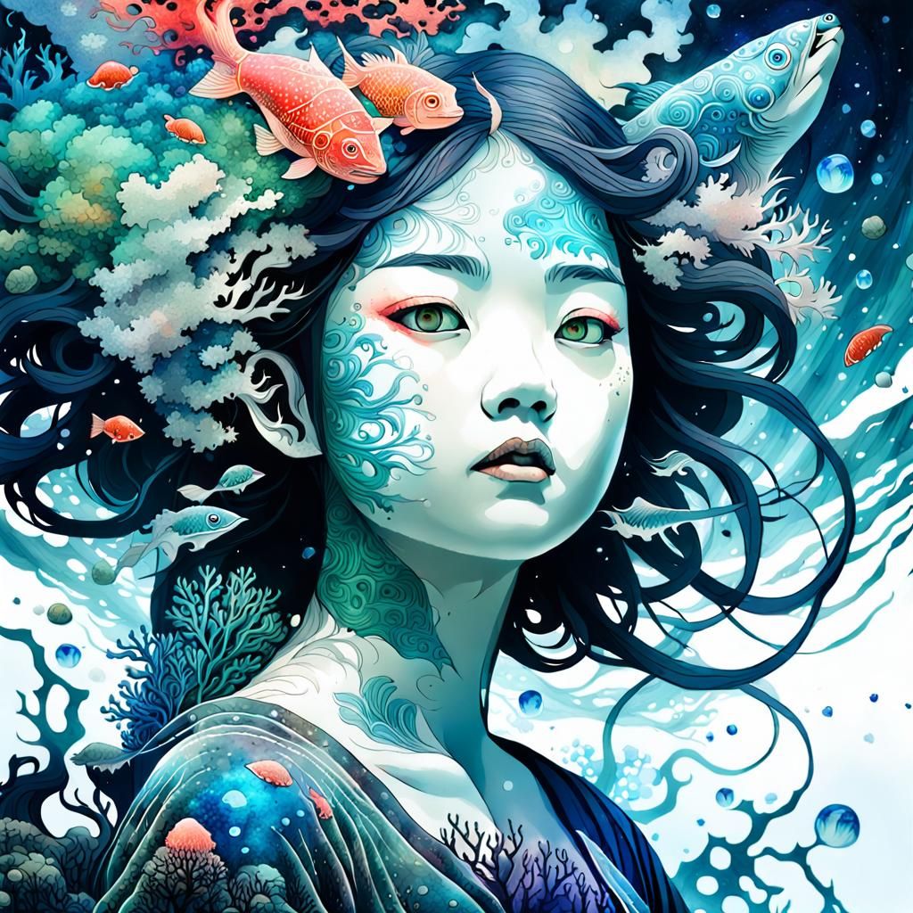 Twin Goddesses in Dazzling Japanese Ink Art Style