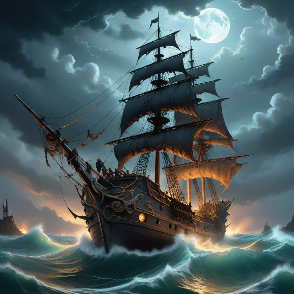 Ghostly Pirate Ship Sails in Anime Style