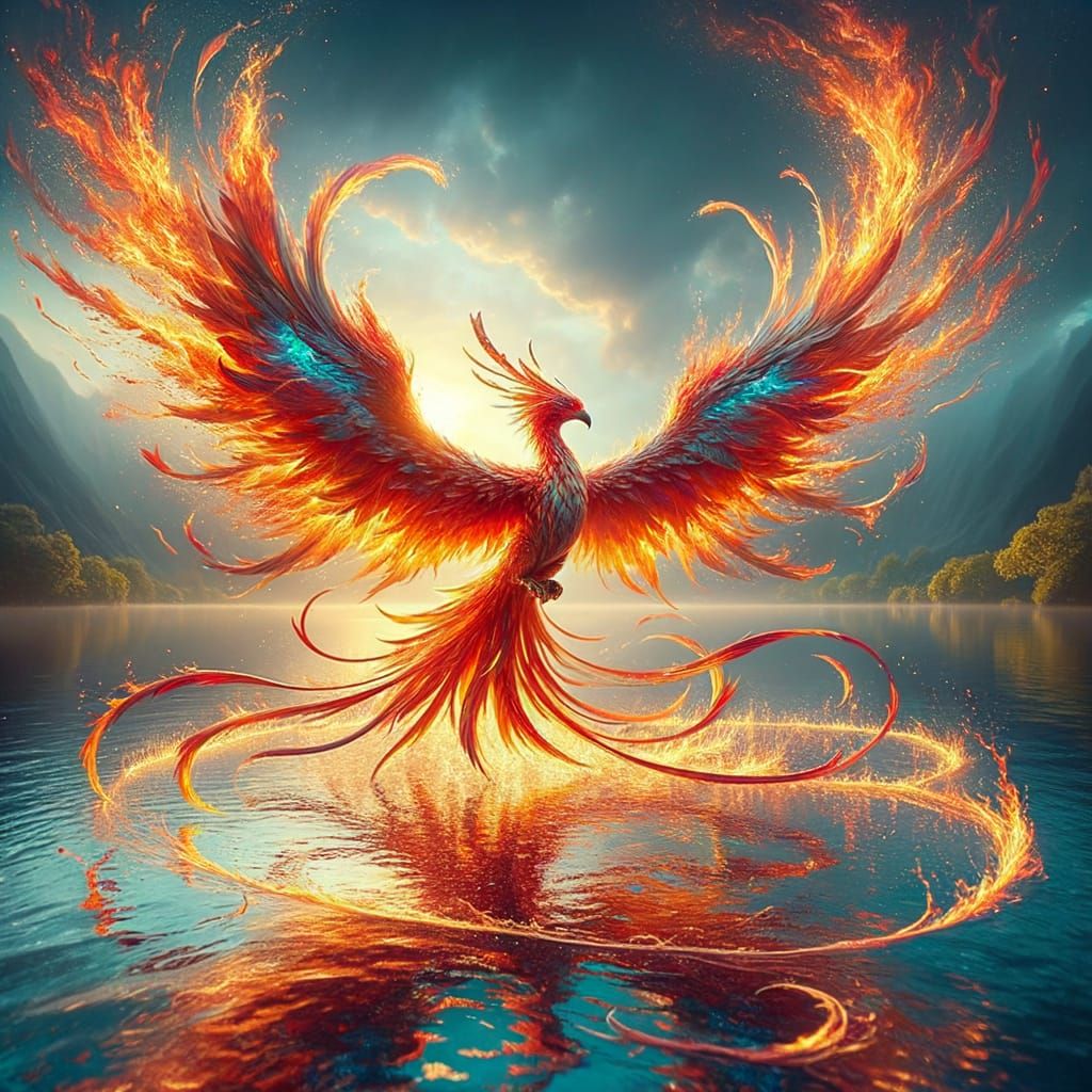 Fiery Phoenix Soars Through Shimmering Waters