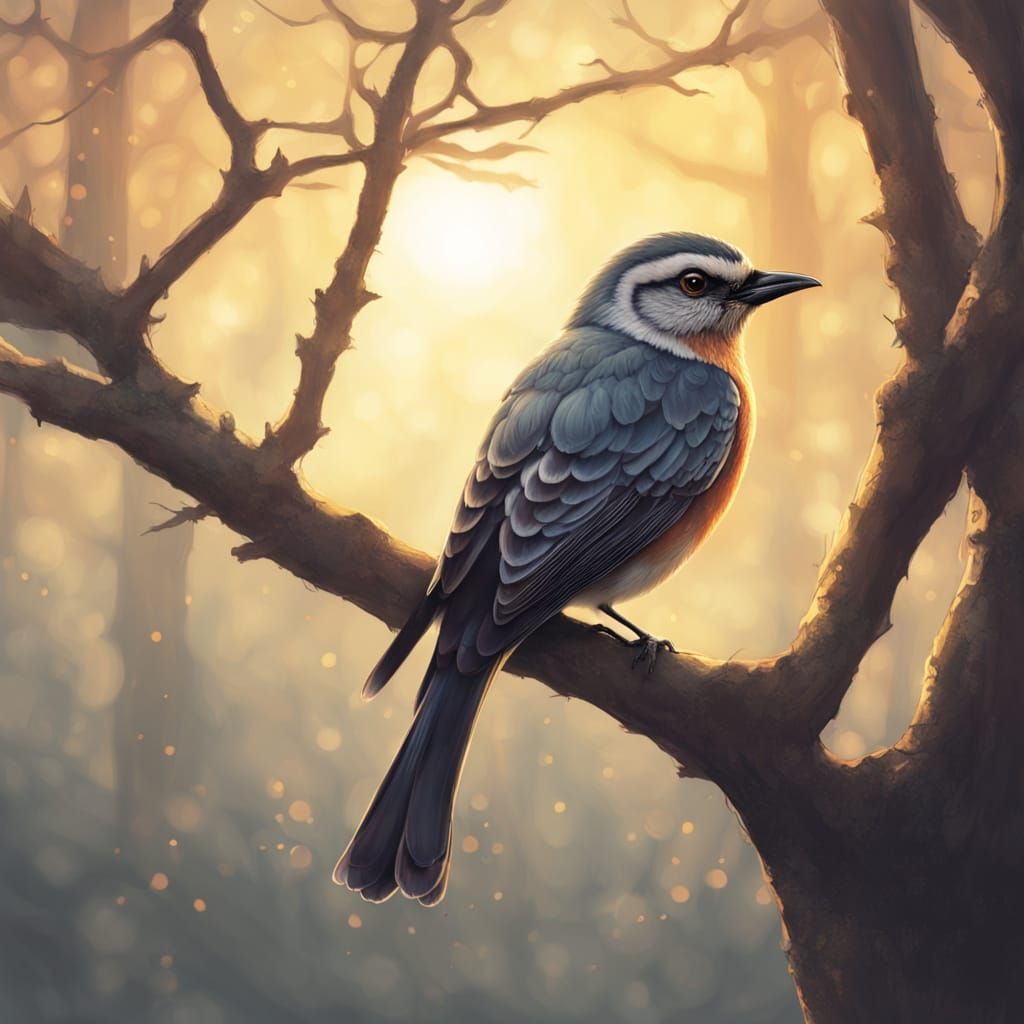Ultra Realistic Bird on Branch at Sunrise in Gentle Mist