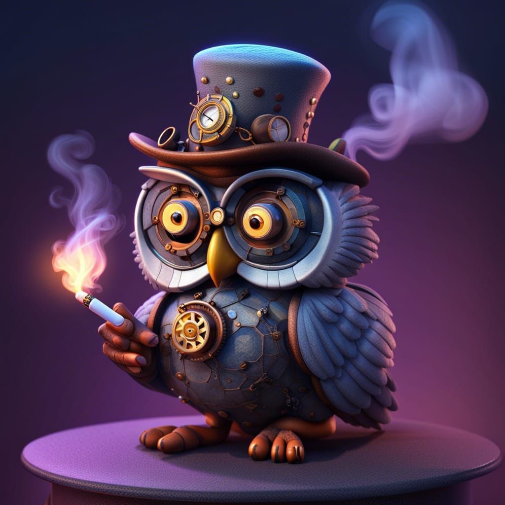 Steampunk Owl Smoking, Pixar-Style 3D Art