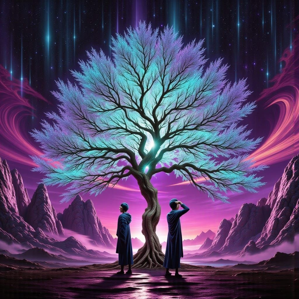 Cyber-Priests Tend Cherry Tree Under Vibrant Starlight