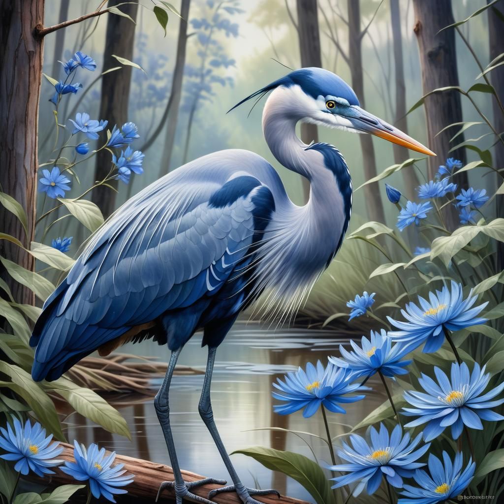 Watercolor Blue Cranes and Herons in Forest