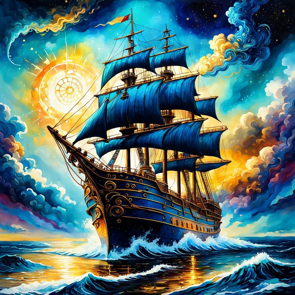 Epic Steampunk Voyage in Vibrant Blues and Gold