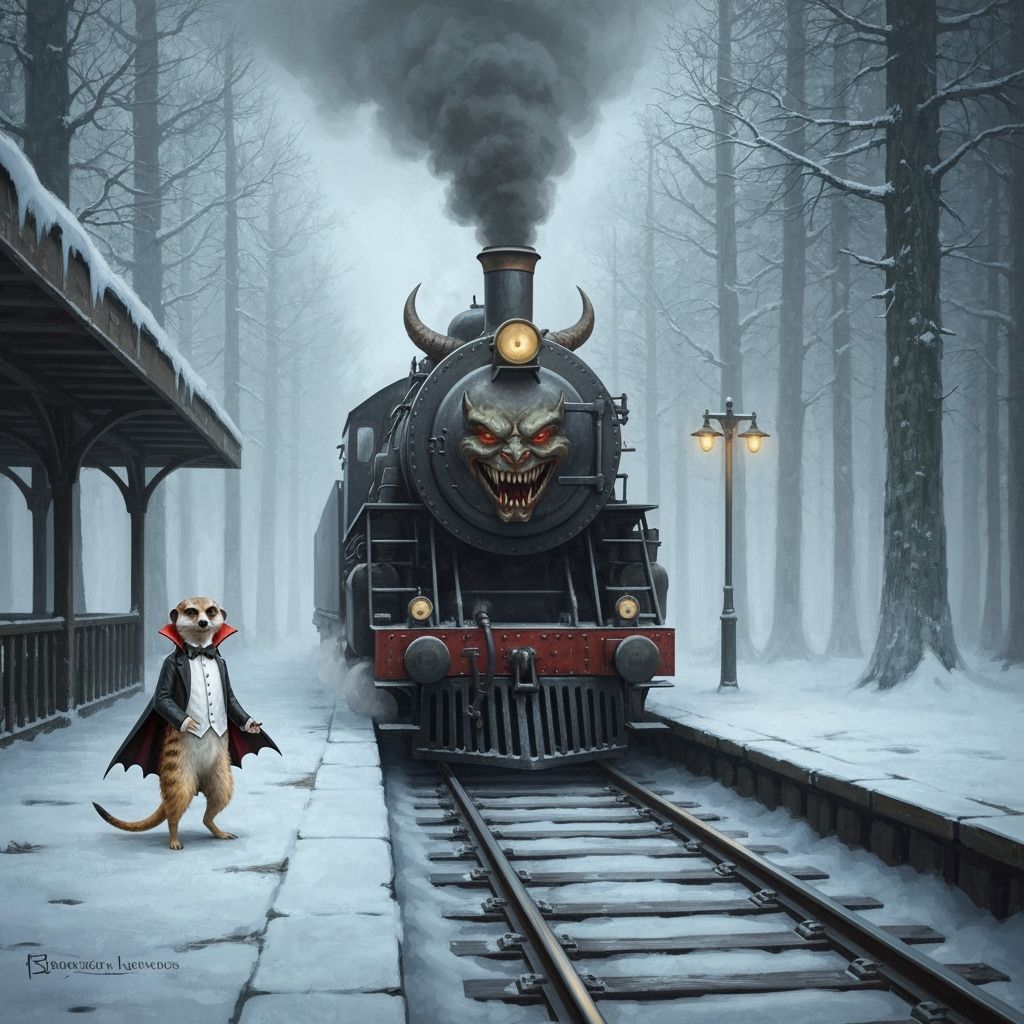 Vampire Meerkat Greets Demonic Train in Snowy Forest