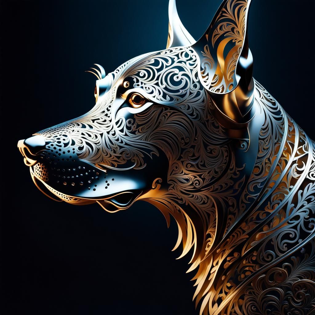 Filigree Metal Dog Sculpture in Photorealistic Style