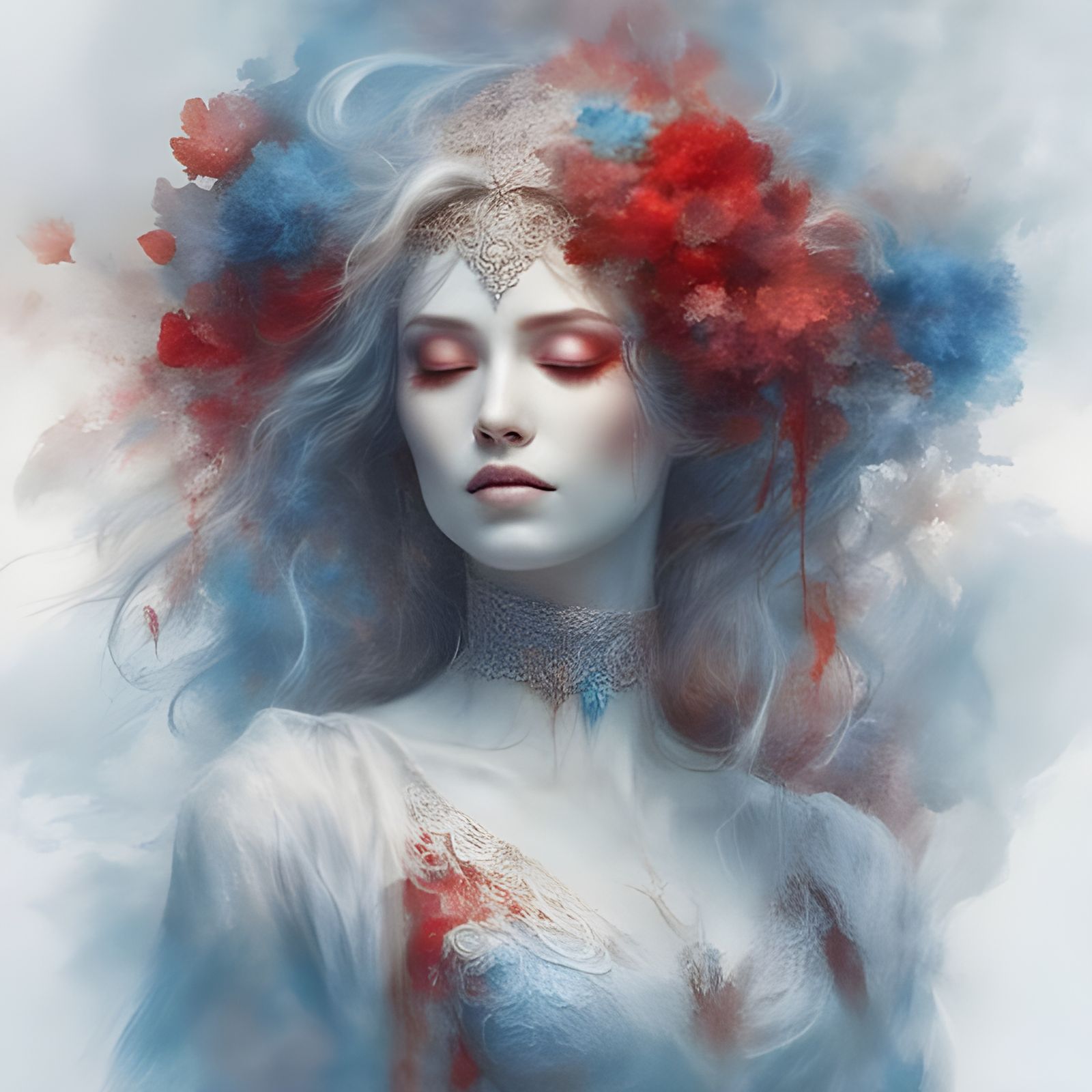 Ethereal Porcelain Girl Portrait in Red and Blue
