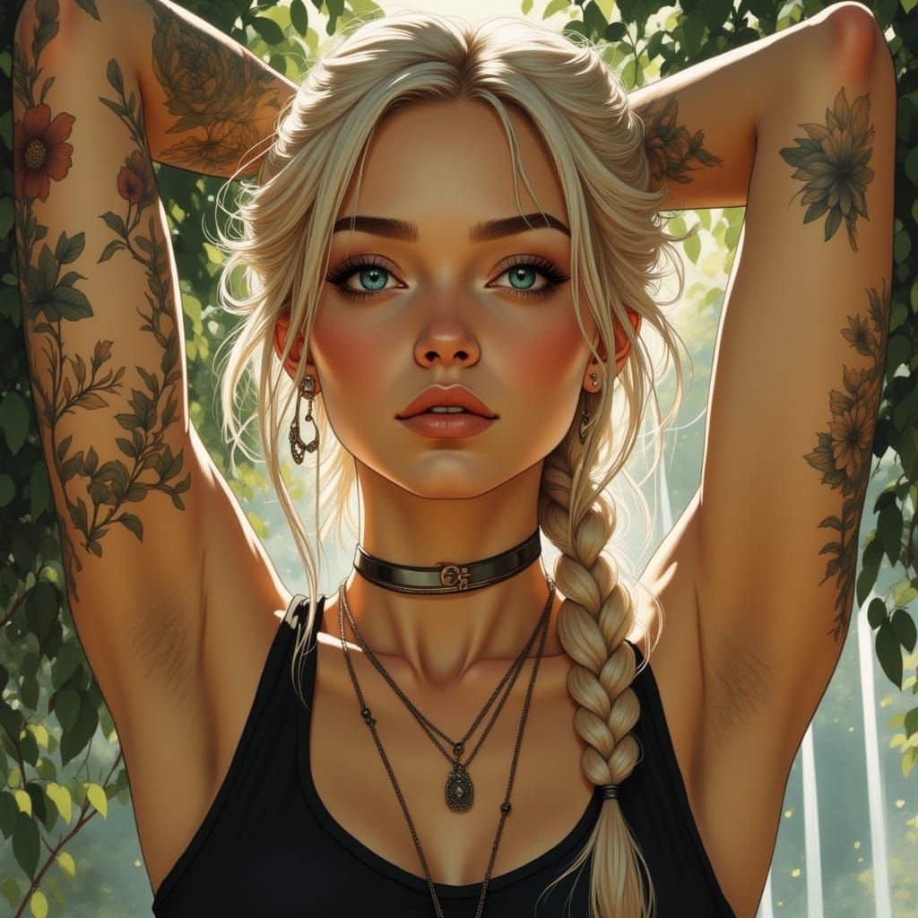 Platinum Beauty with Floral Tattoos: Digital Portrait