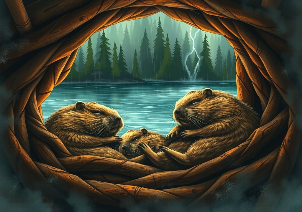 Beavers Sleeping in Cozy Den During Storm, Watercolor