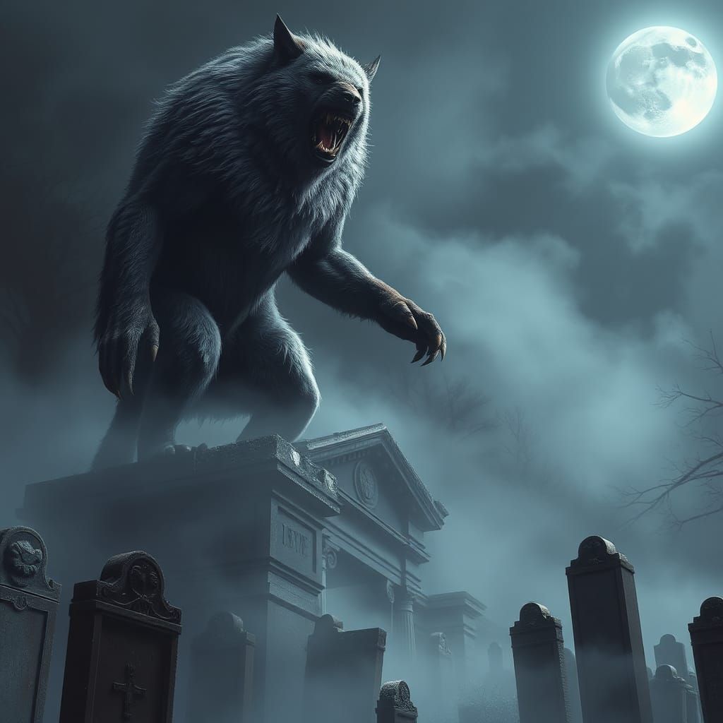Werewolf in Haunted Cemetery: Gothic Surrealism