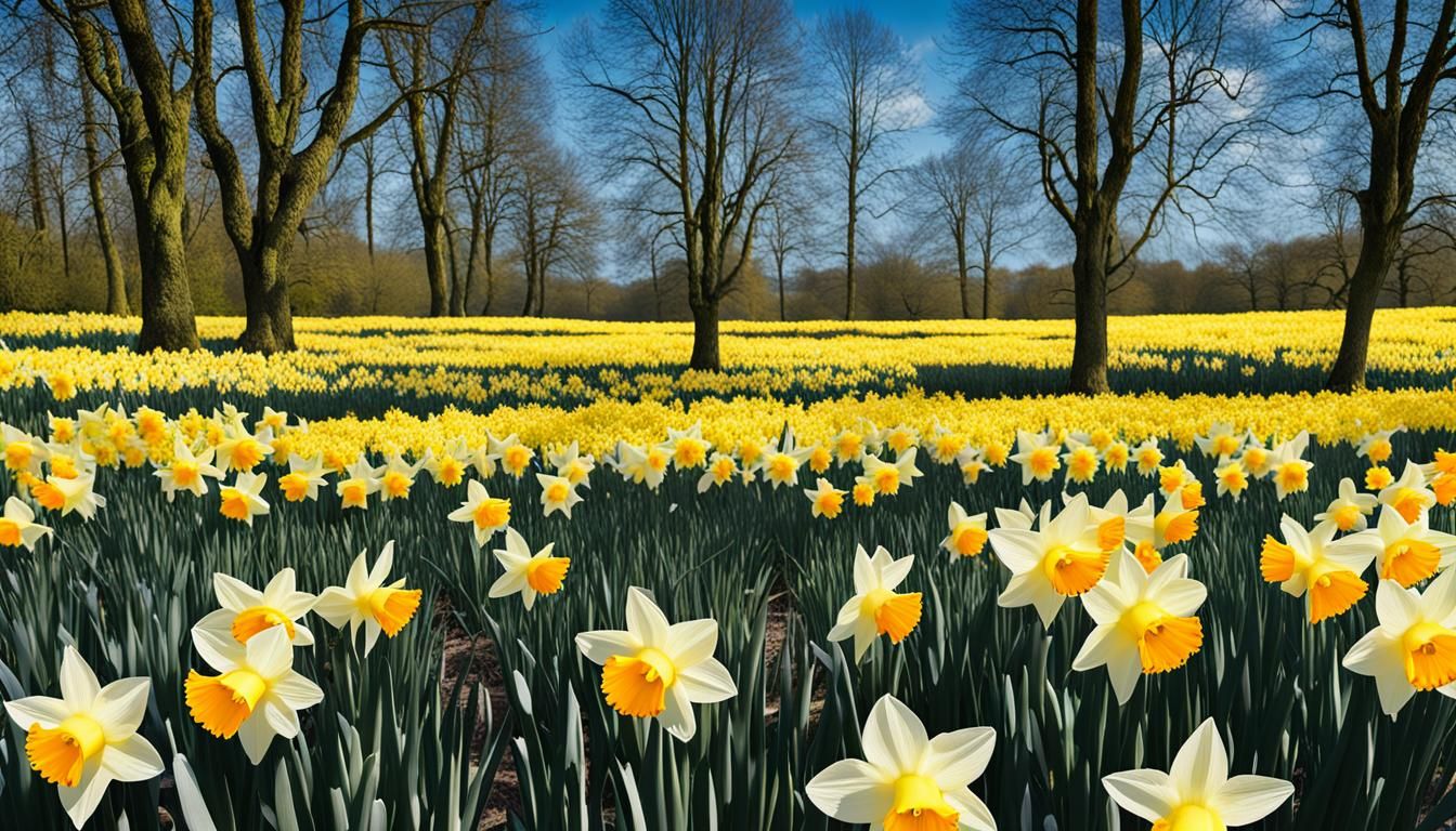 Daffodils Field in Abstract Art on Spring Day