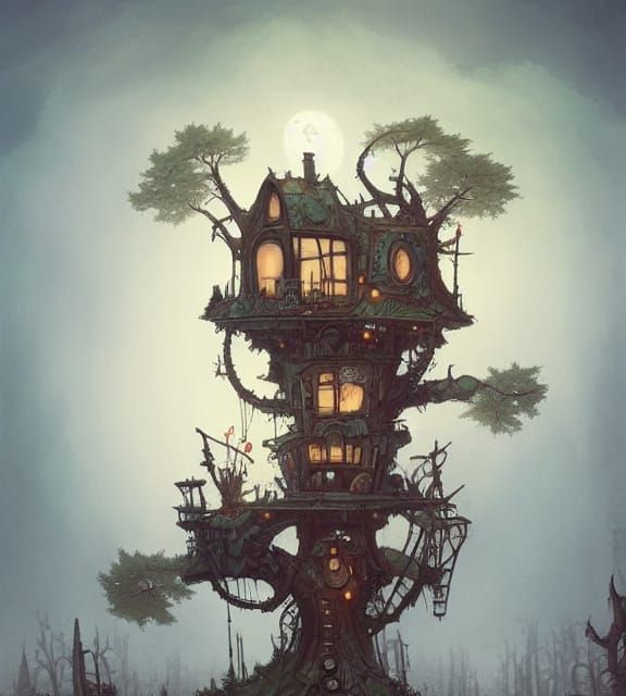 Post-Apocalyptic Steampunk Treehouse Digital Illustration