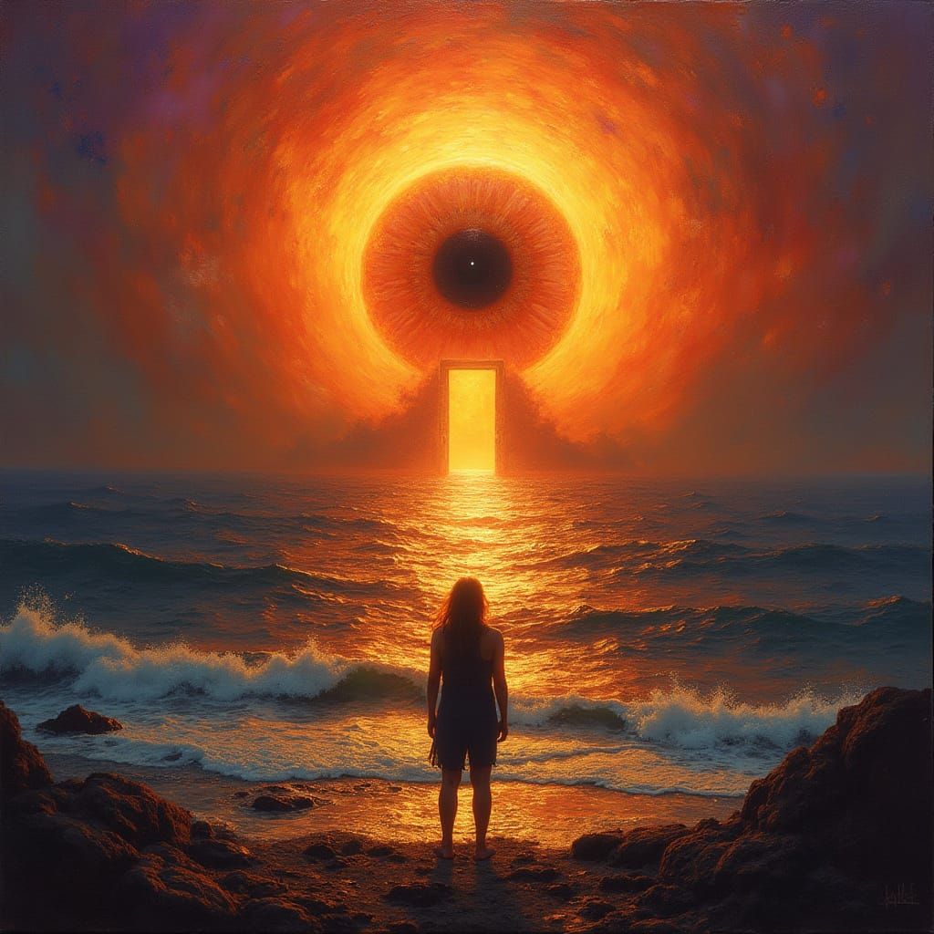 Giant Eye Sunset: Cosmic Surrealism in Oil Painting Style