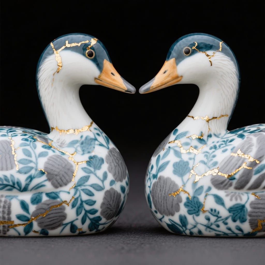 Porcelain Grebes with Botanical Pattern and Kintsugi