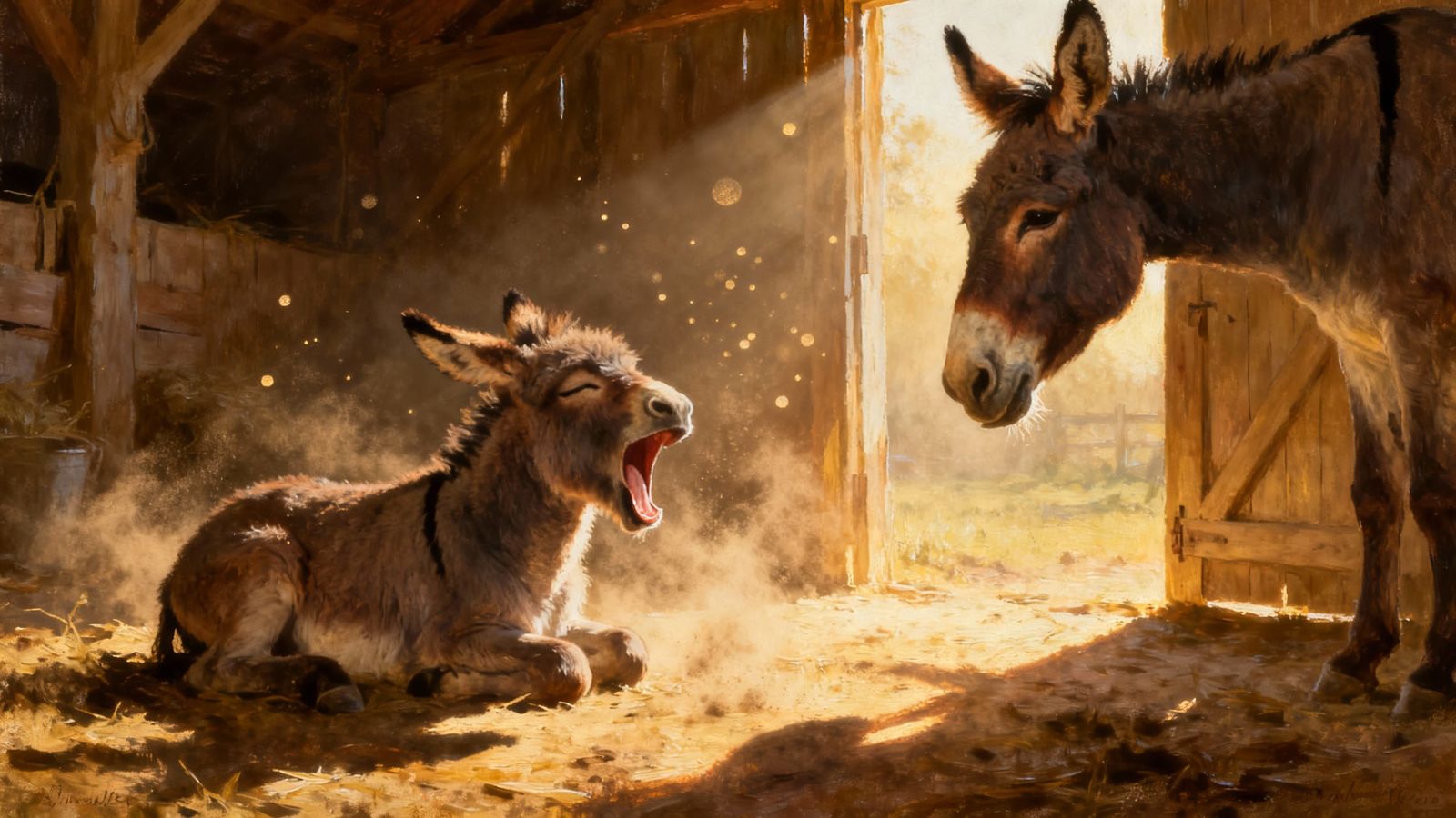 Baby Donkey Yawning in Golden Hour Barn Light