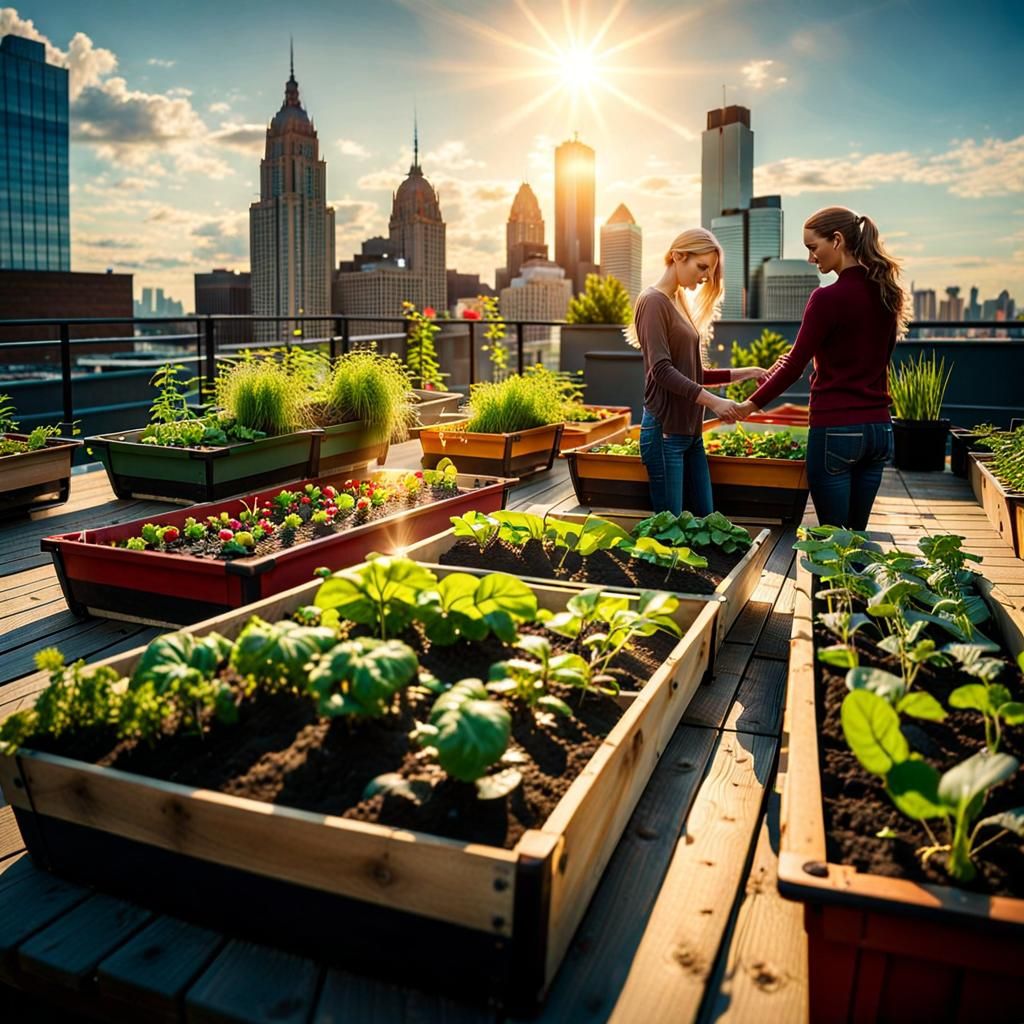 Detroit Rooftop Garden with Couples in Digital Painting