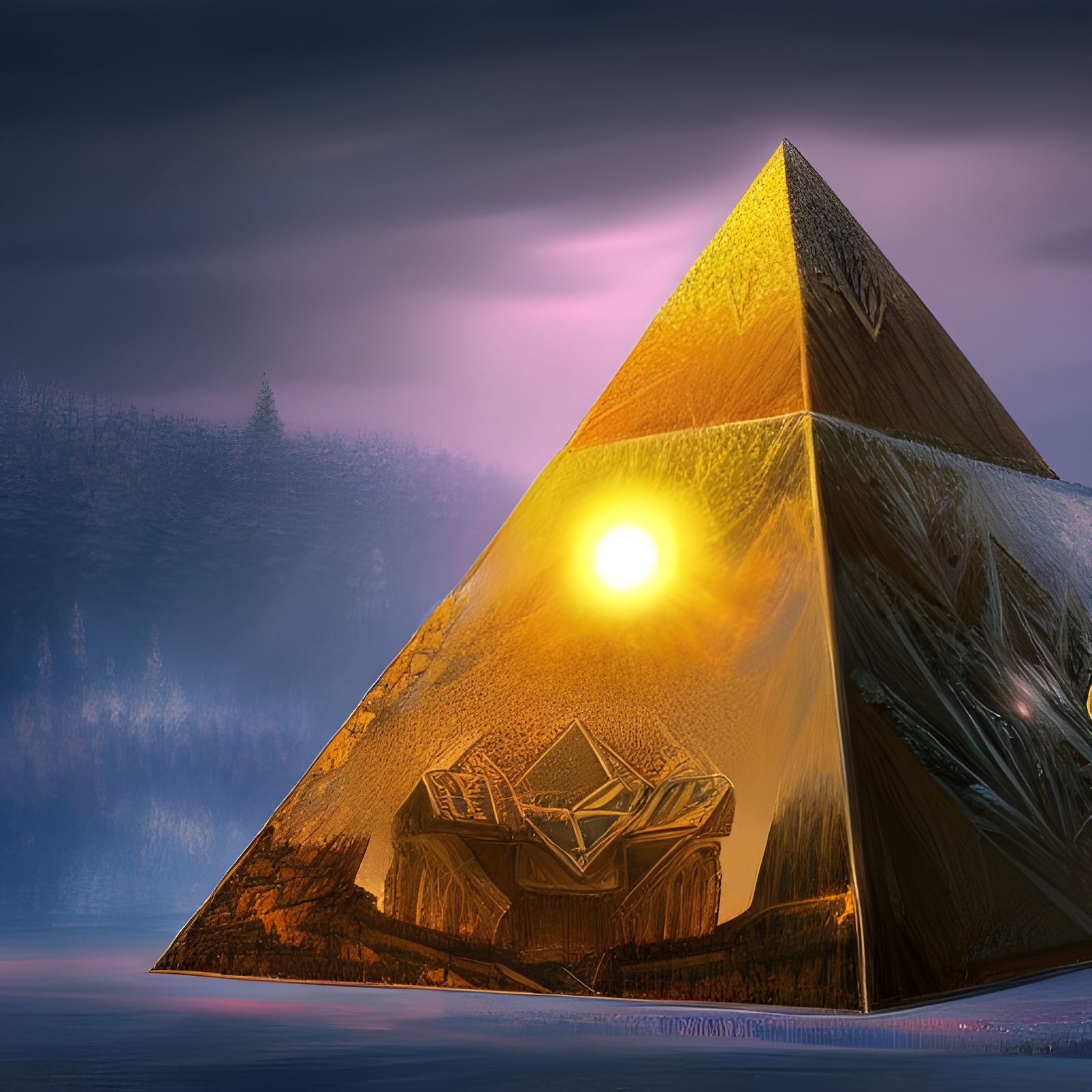 Frozen Pyramid Reflects Golden Sunset: Fantasy Art