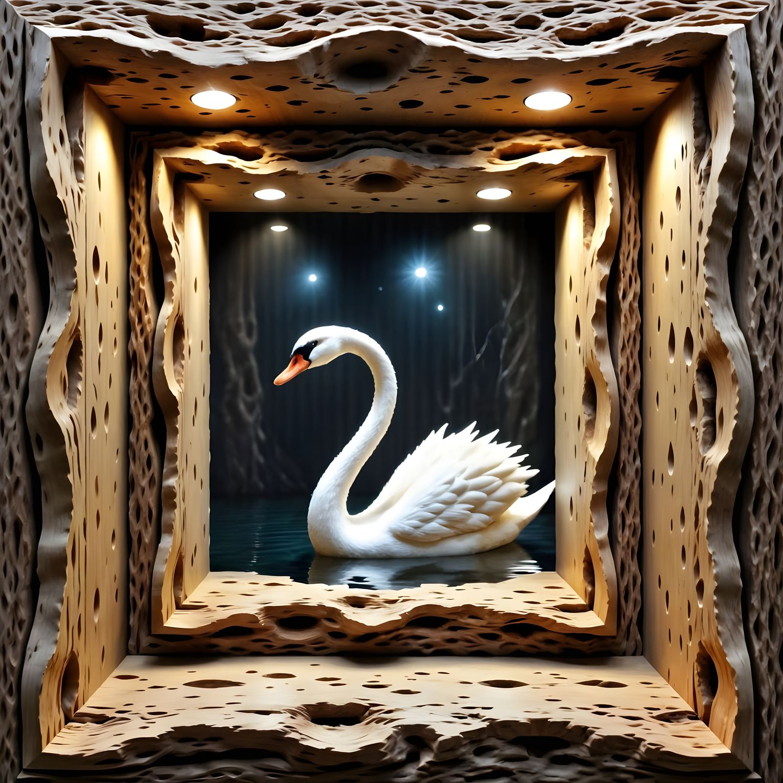 Surreal Swan Portrait with Wooden Frame