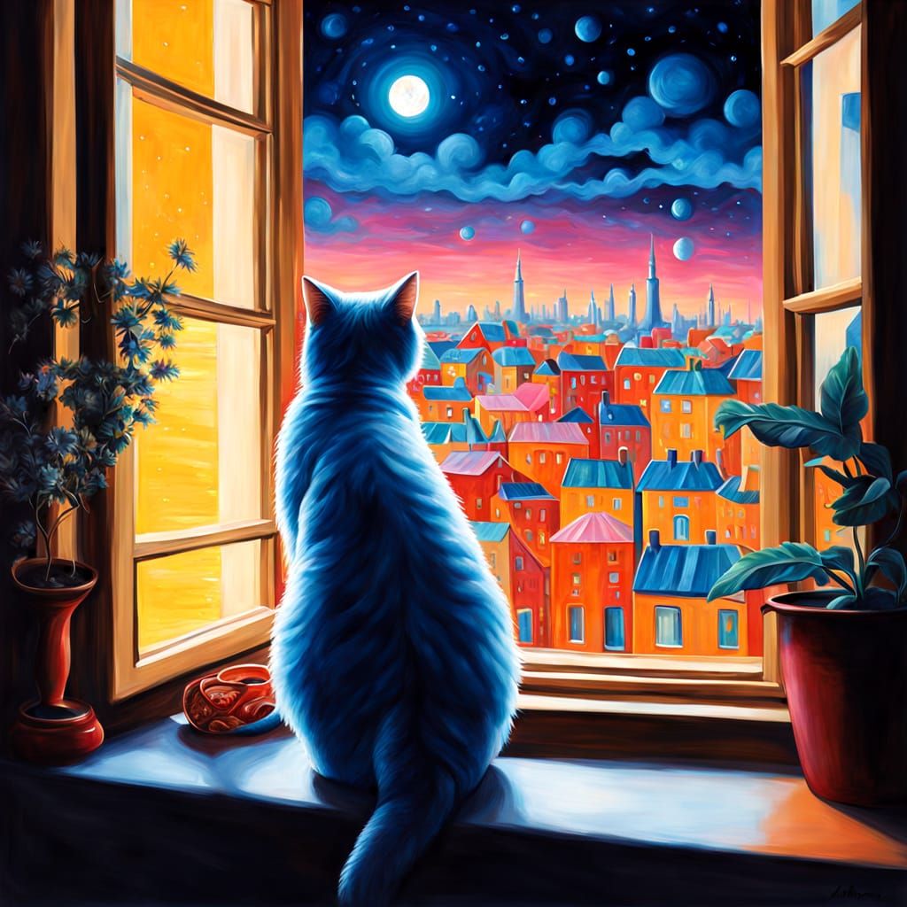 Surreal Magic Cat Gazes at Fantastical Cityscape