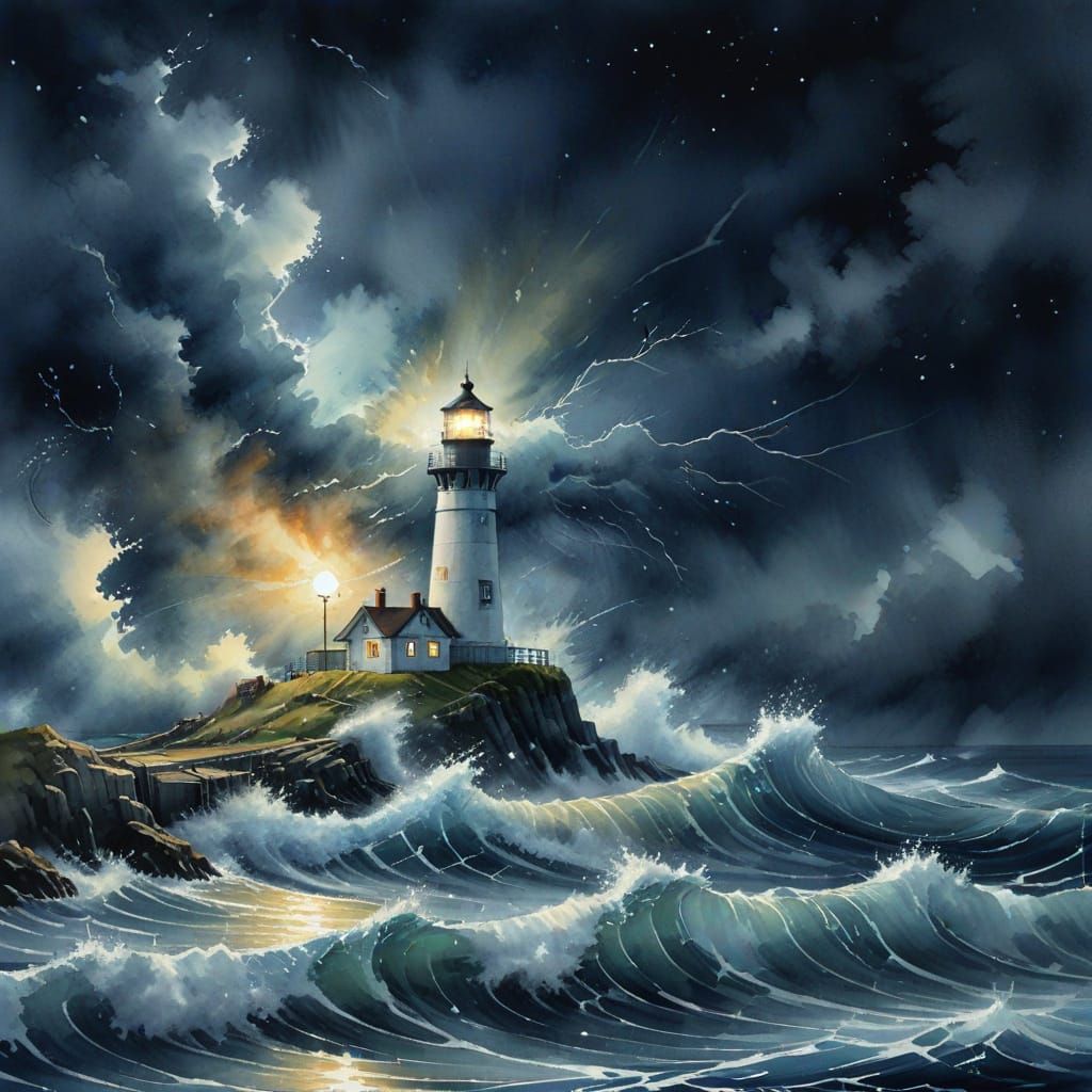 Ocean Storm Lighthouse at Night in Watercolor
