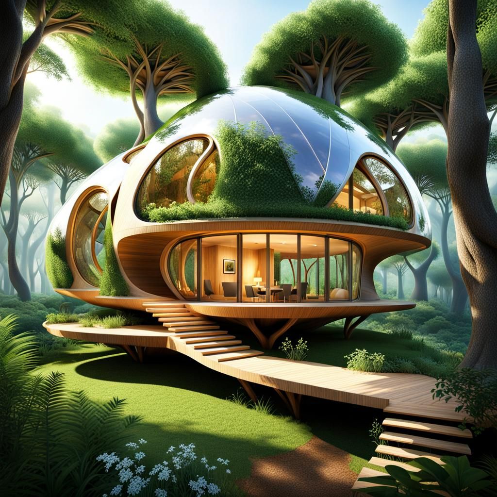 Futuristic Living Tree Cabin with Glowing Glass