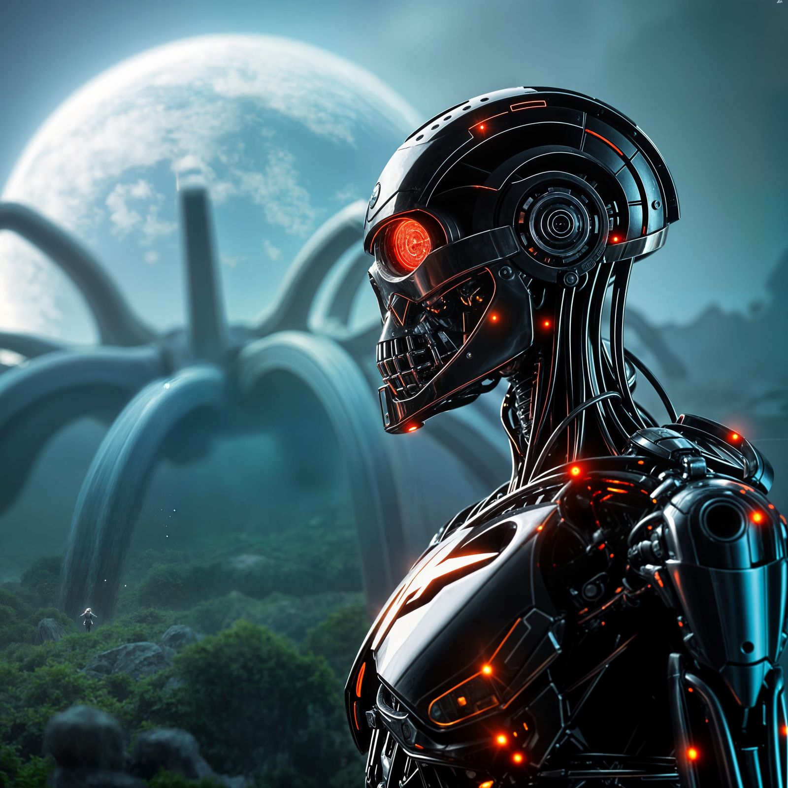 Metallic Terminator Contemplates Alien Organic Planet