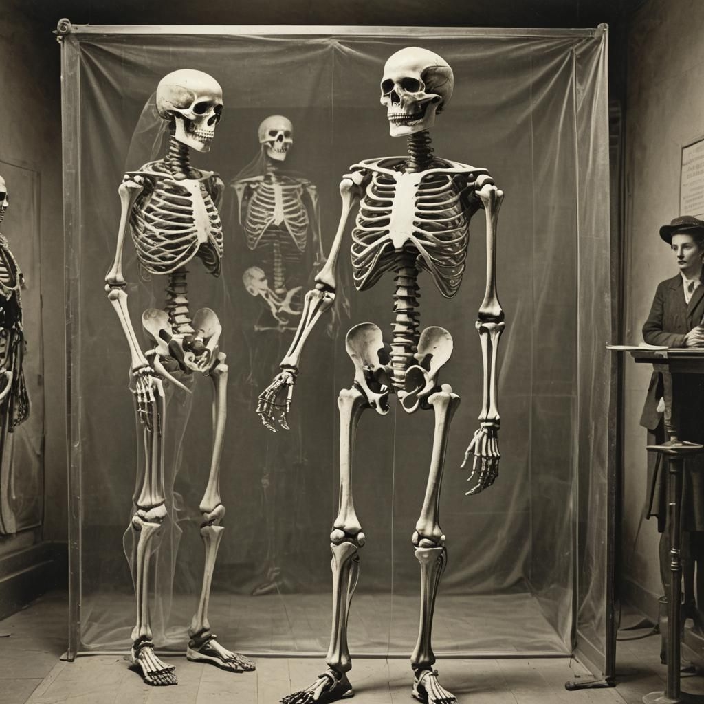 Skeleton Holding Screen Displaying Woman's Body