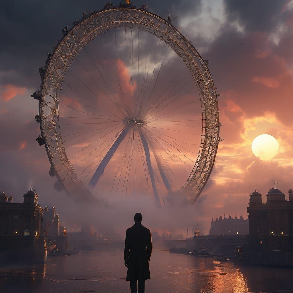 Fantasy London Eye Sunset with Smoke Clouds