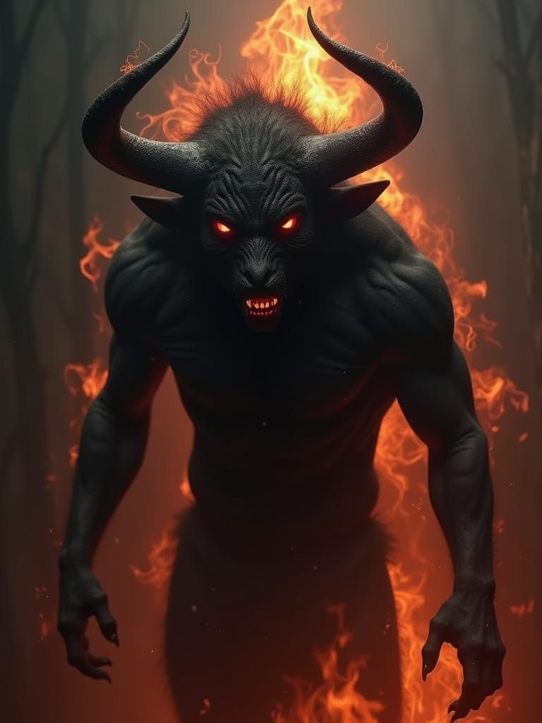 Hellish Minotaur Creature with Glowing Eyes in Flames