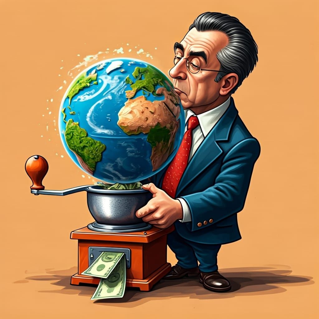 Satirical Caricature of Earth Being Ground into Money