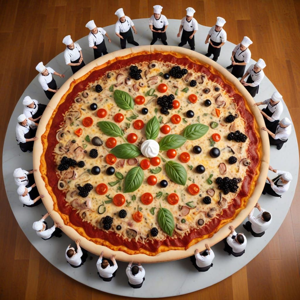 Miniature Chefs Garnish a Giant Pizza