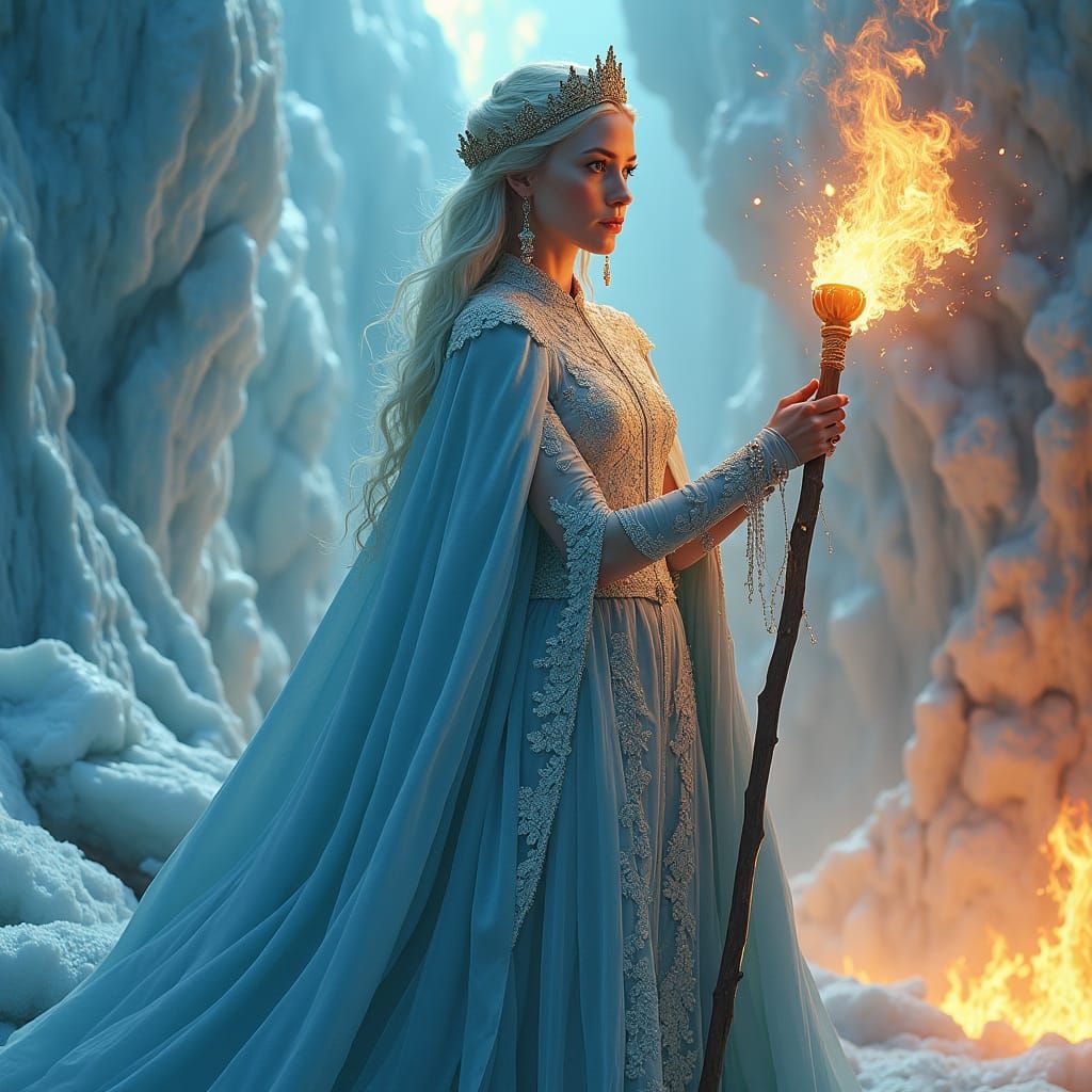 Woman Wielding Fire Staff Amidst Ice and Flames