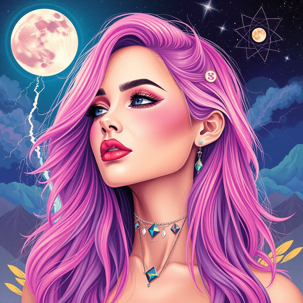 Psychedelic Moonscape Woman with Colorful Geometric Hair