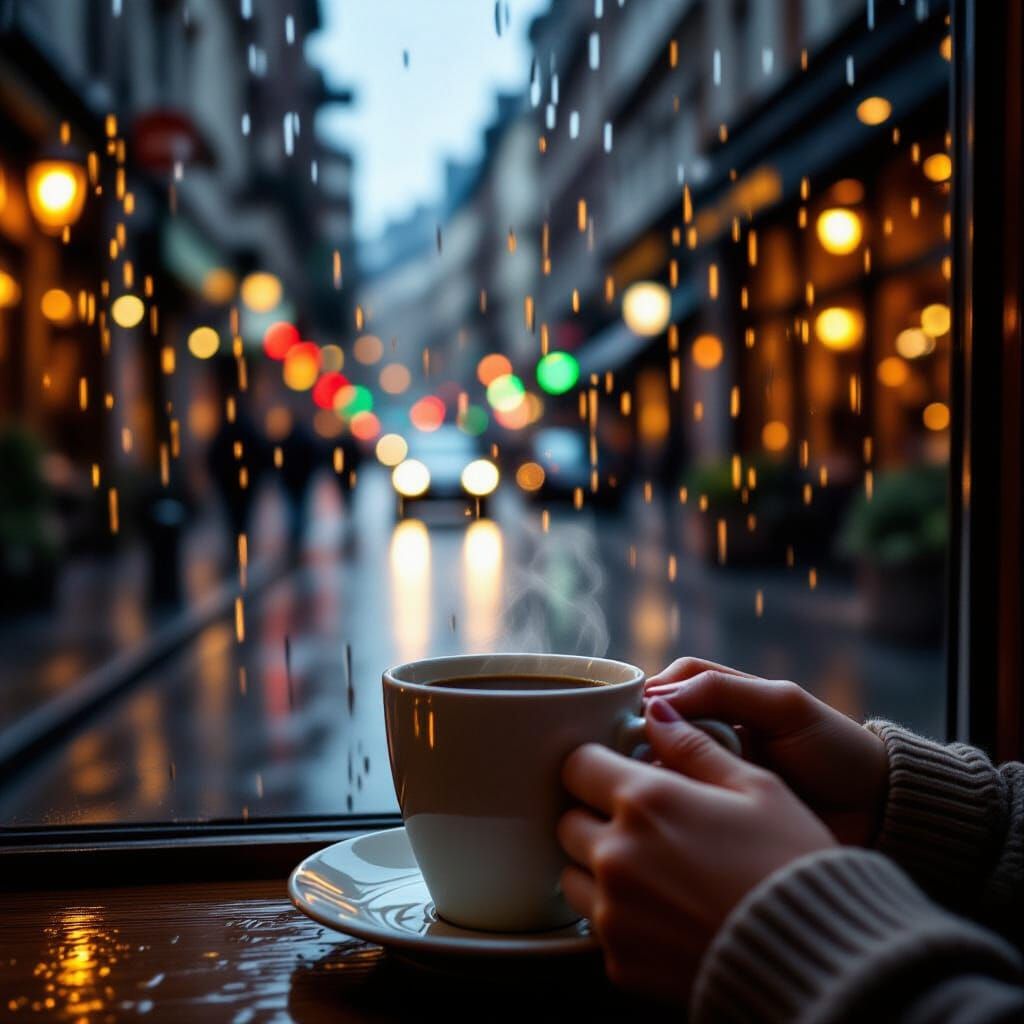 Raindrops on Cafe Window: A Cozy, Realistic Scene