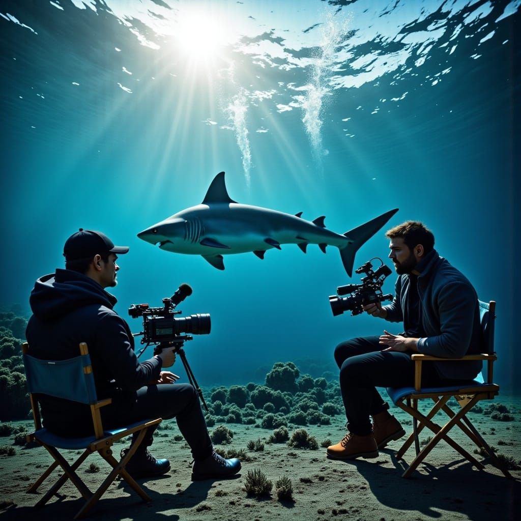 Dramatic Hammer Shark Underwater Scene in SynthWave Style