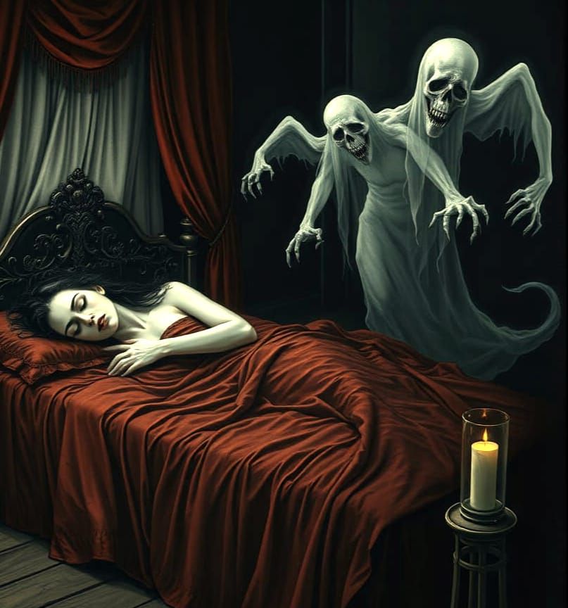 Surreal Midnight Horror Scene in a Dimly Lit Room