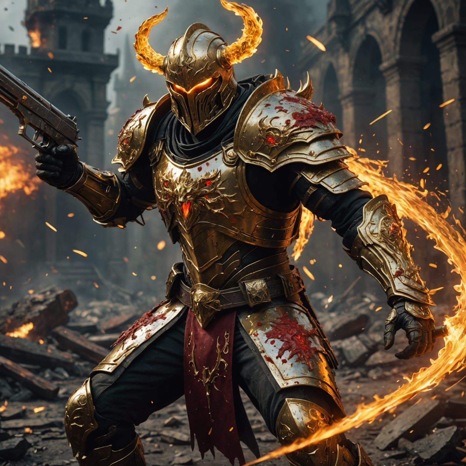 Golden Warrior in Epic Battle, Detailed Digital Art